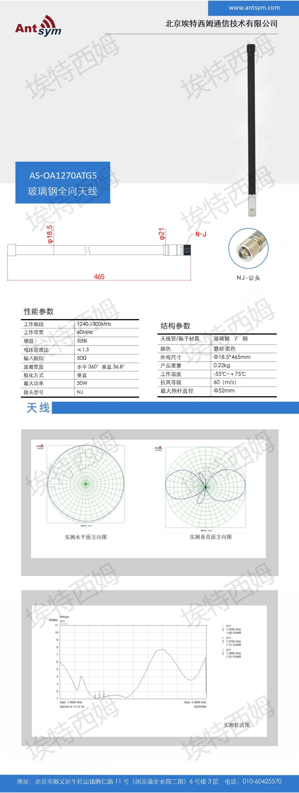 1240-1300MHz 5dBi   Omnidirectional fiberglass antenna