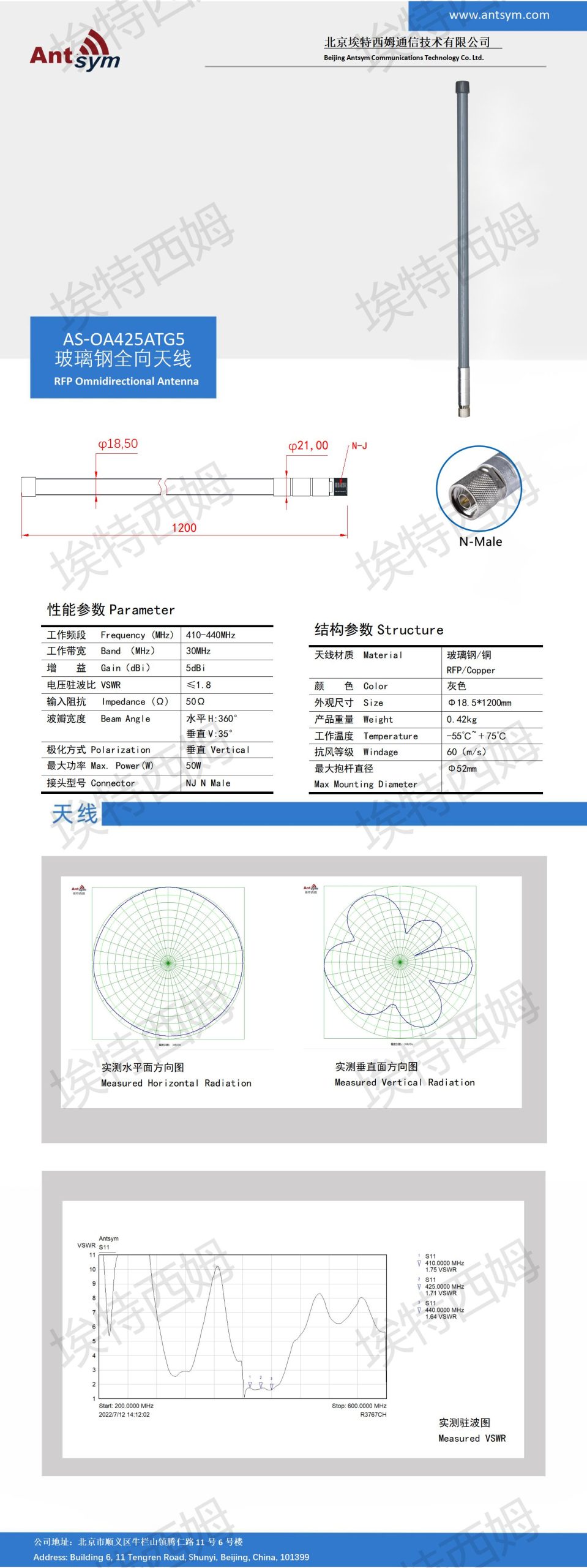 410-440MHz 5dBi 425MHzOmnidirectional fiberglass antenna