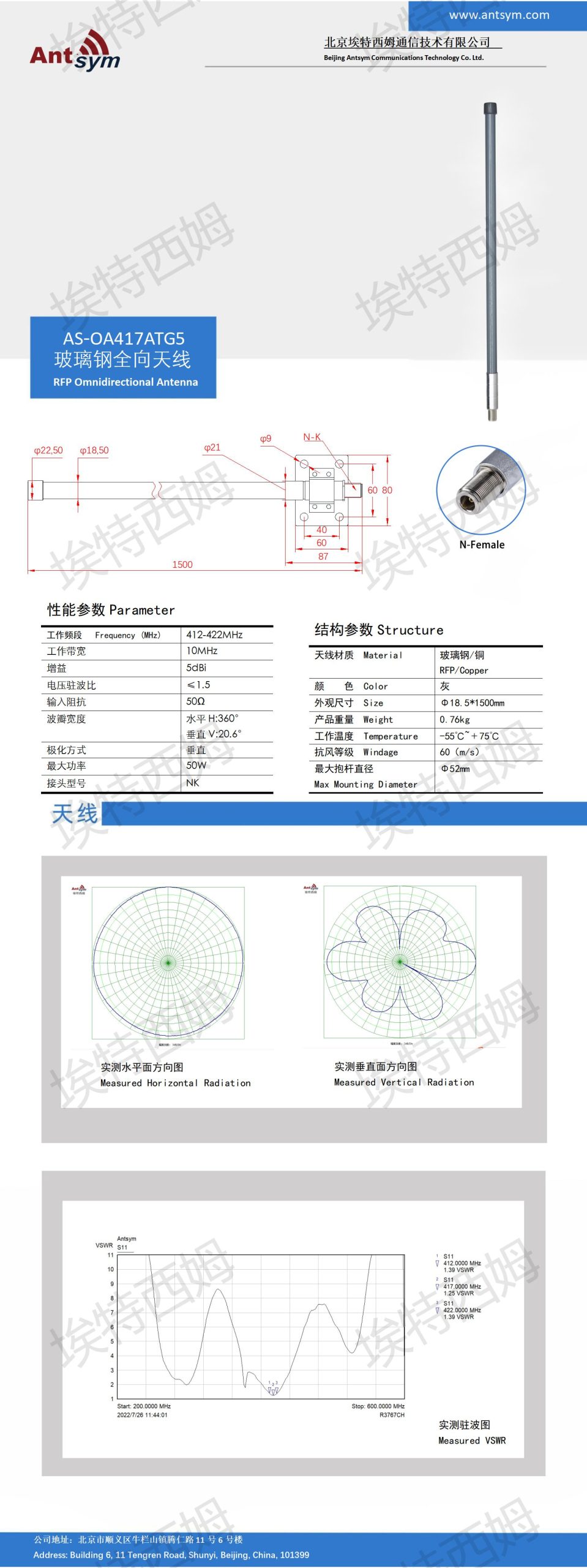 412-422MHz 5dBi 417MHzOmnidirectional fiberglass antenna