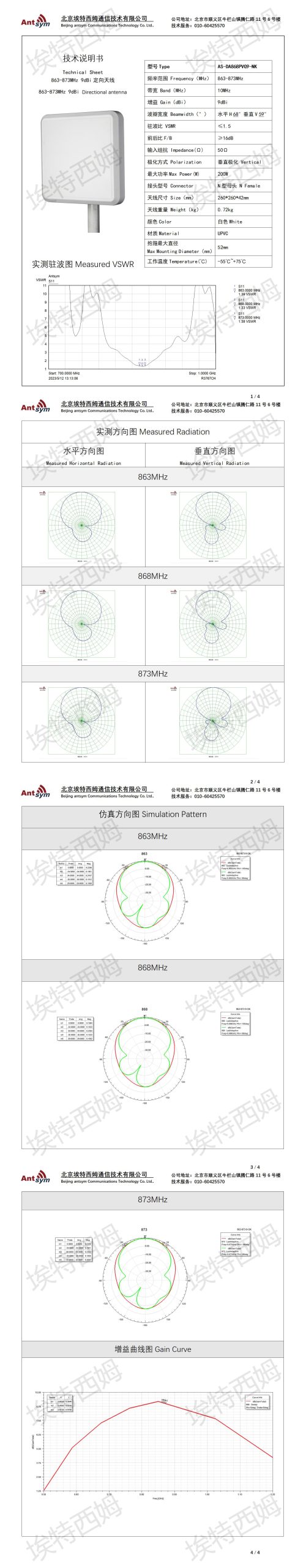 863-873MHz 12.5dBi planar antenna