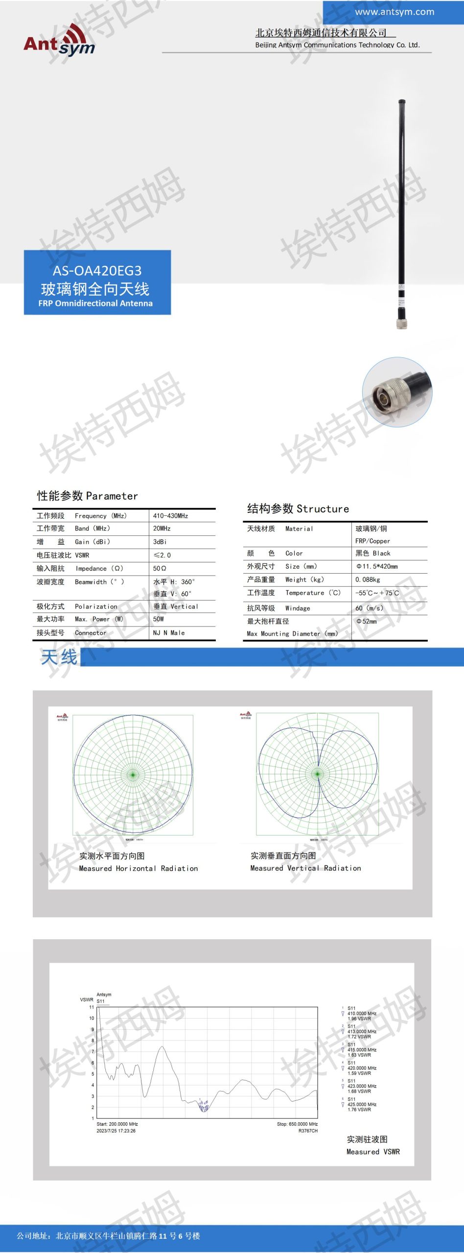 410-430MHz 3dBi Omnidirectional fiberglass antenna