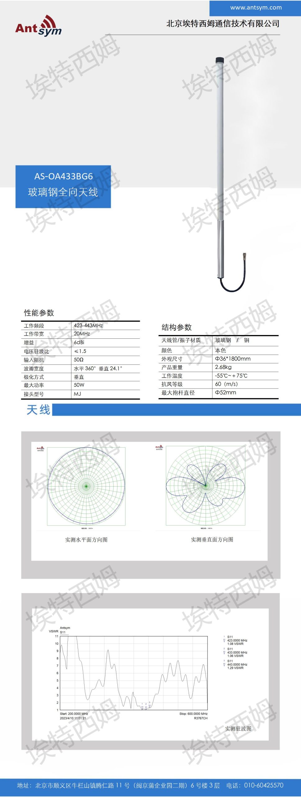 423-443MHz 6dBi Omnidirectional fiberglass antenna